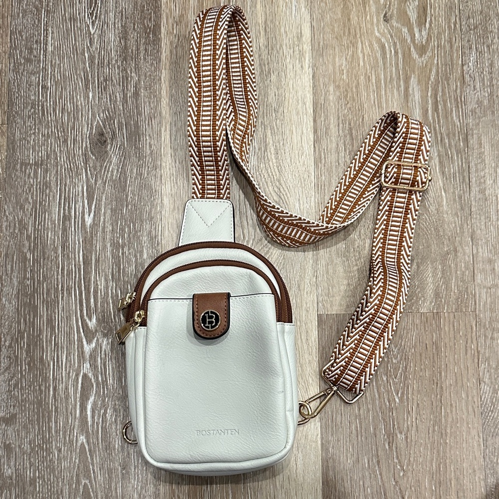 NWOT Bostanten White and Brown Crossbody Bag
